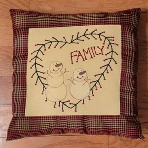 Country Embroidered Stitched  "FAMILY" Snowmen Square 10" x 10" Plaid Pillow